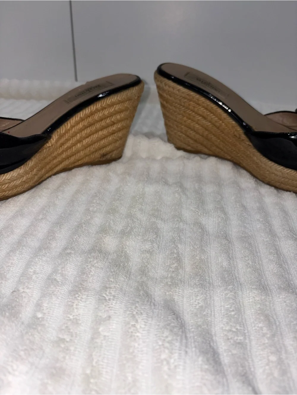 Valentino Garavani Black Patent Leather Bow Espadrille Wedge Mules